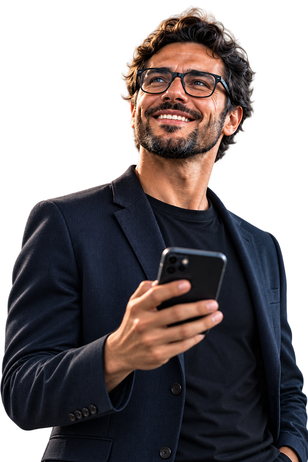 Hunter profissional sorrindo e segurando um smartphone