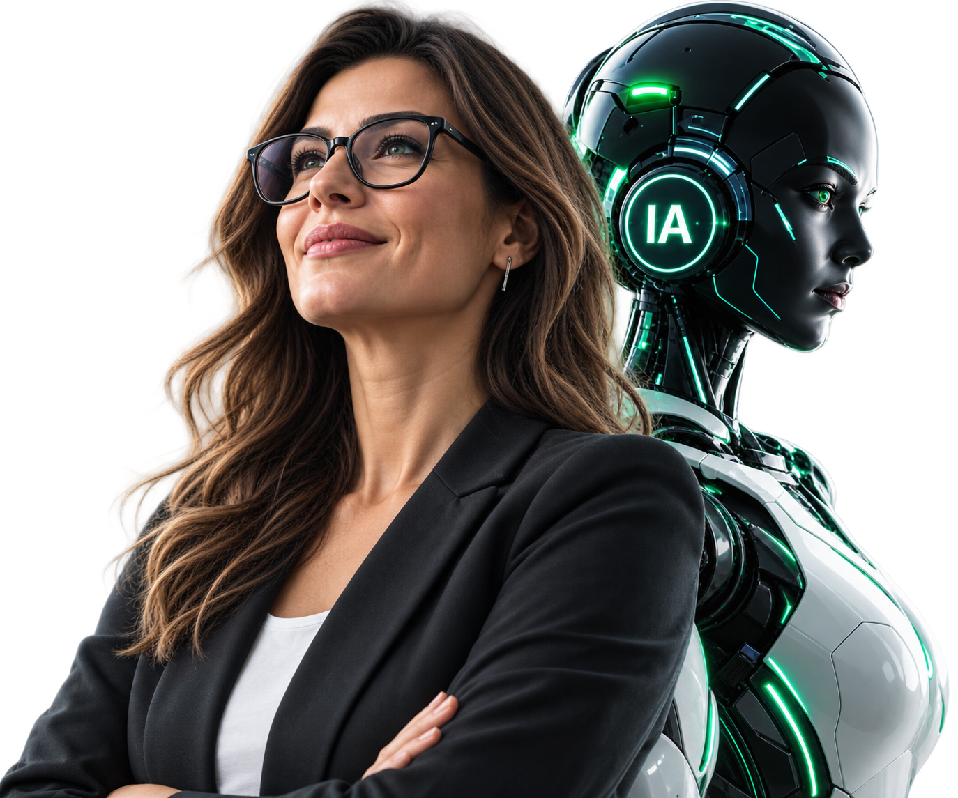 Executiva ao lado de uma inteligência artificial humanoide