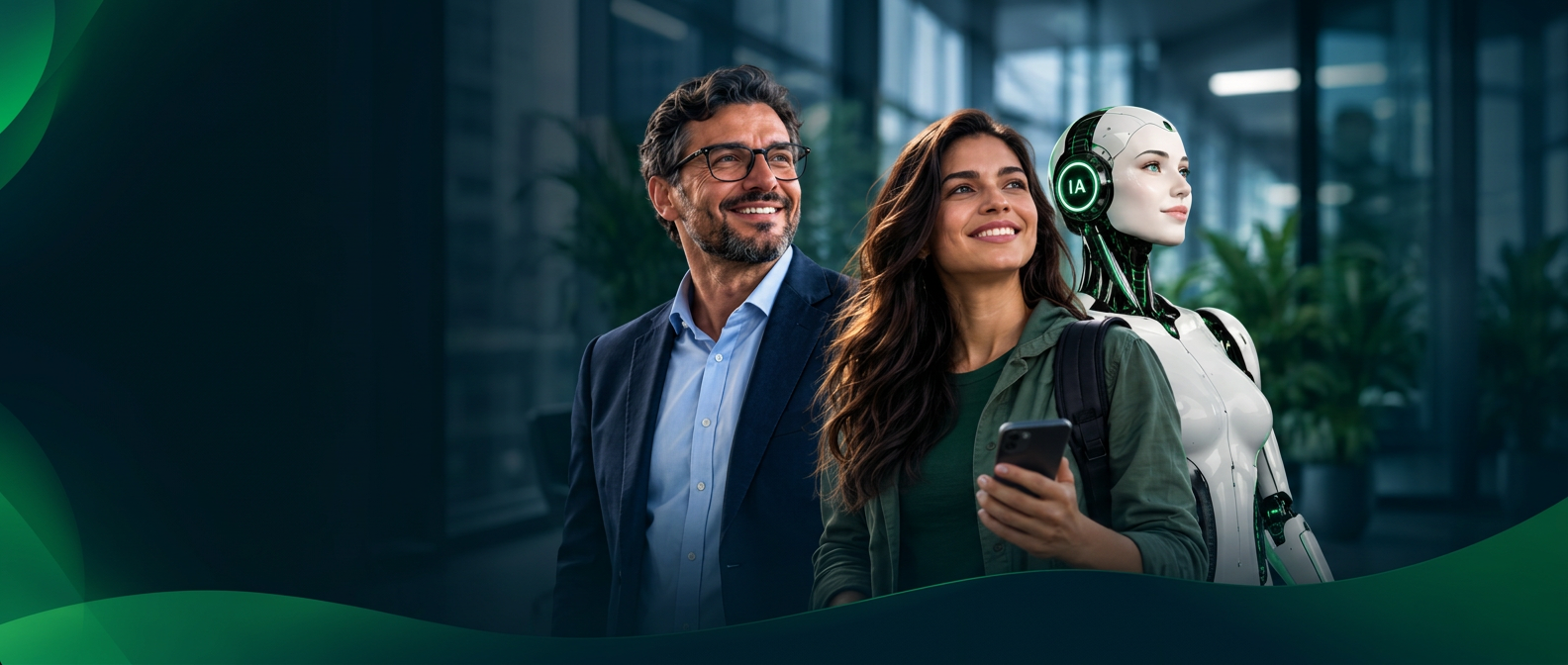 Executivo, profissional e humanoide de inteligência artificial em ambiente corporativo moderno
